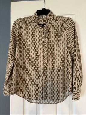 Ann Taylor Beige-Green Chain-Link Ruffle Button-Down Blouse
